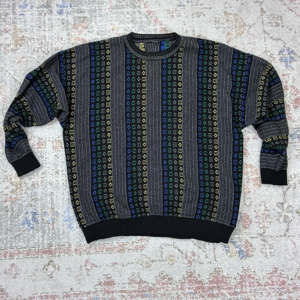 Vtg Monello Italy 3D Knit Sweater Men XXL Coogi Style Abstract Geometric Cosby